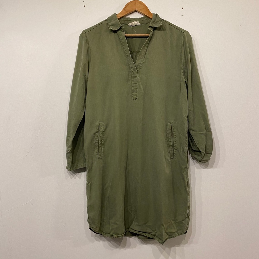 Loft Outlet Lounge Olive Green Split Neck Roll Tab Sleeve Shirt Dress Small